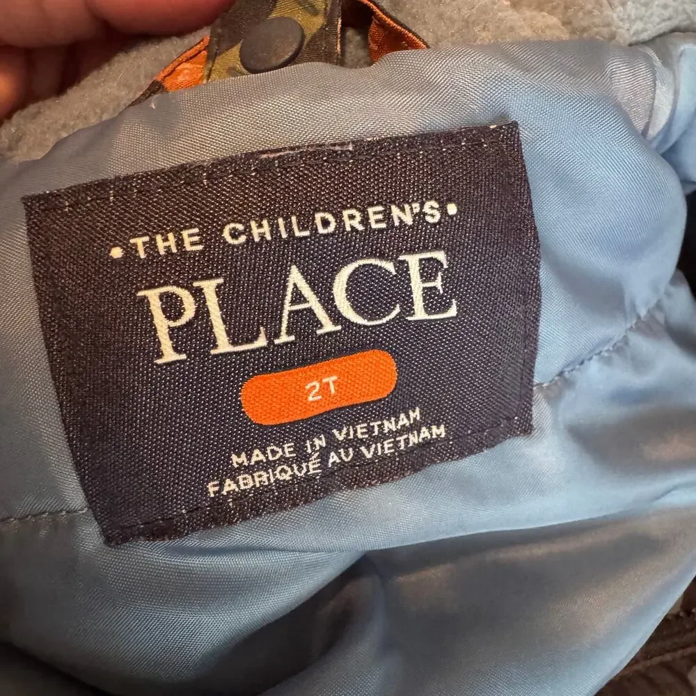 The Children's Place 2T Dinosaur Puffer Jacket Hooded Winter Coat Blue Orange
